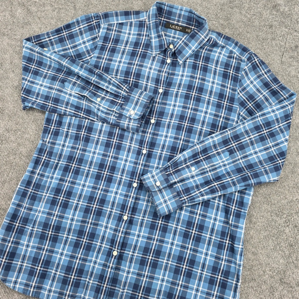 Lauren Ralph Lauren Blue Plaid Cotton Button Down Shirt XL Long Sleeve LRL